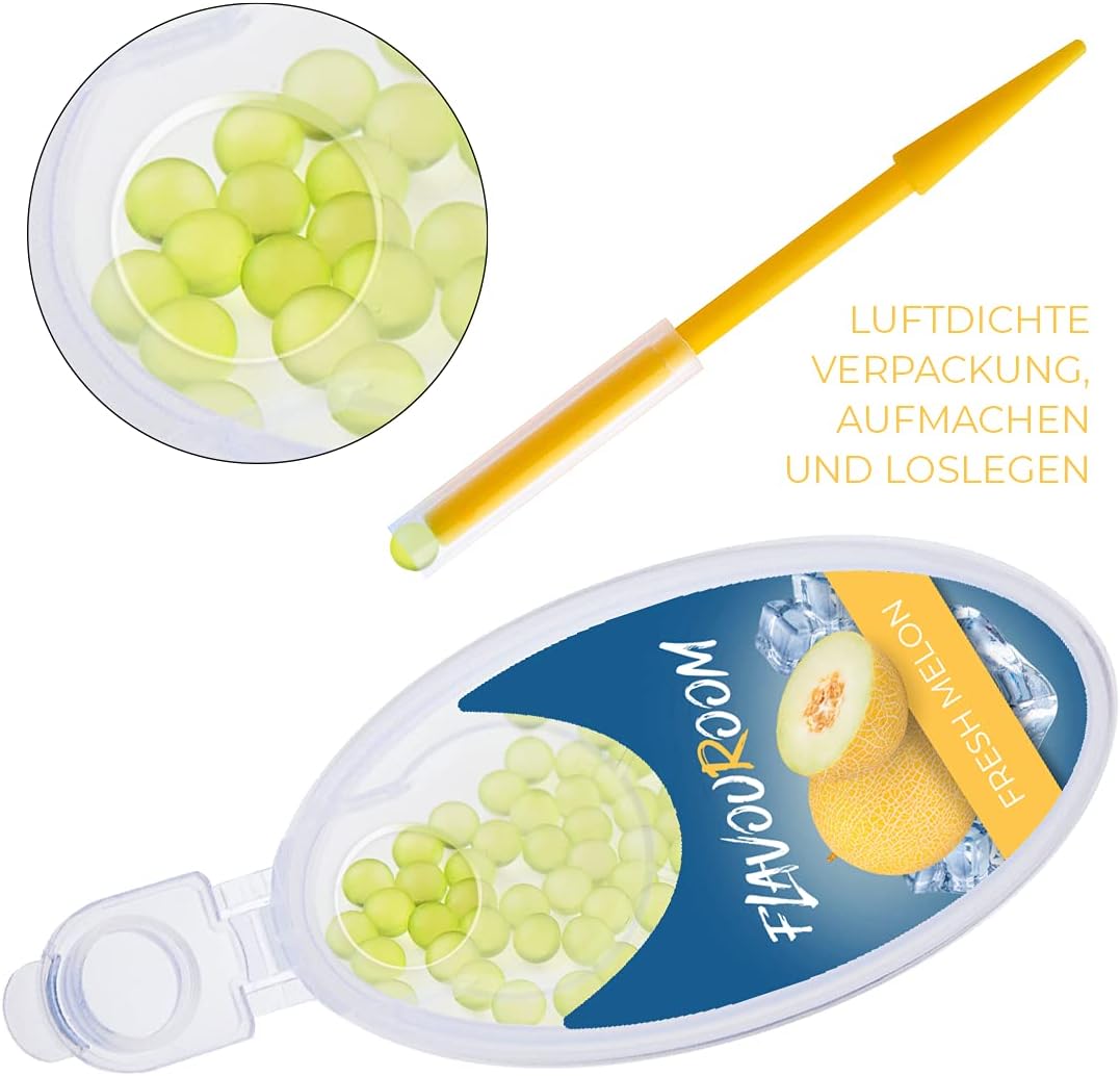 Flavouroom - Premium Aromakugeln 100er Set | DIY Aroma Kapseln Filter für unvergesslichen Flavour Geschmack | inkl. Box zur Aufbewahrung der aromatischen Click Hülsen Kugeln (Fresh Melon)