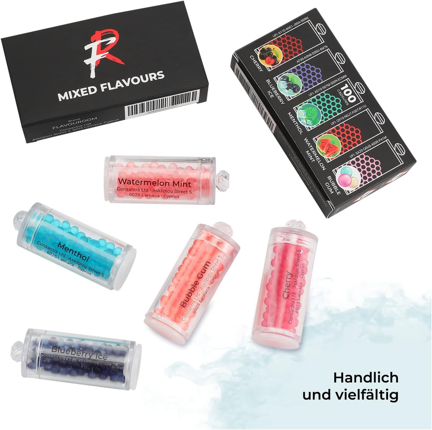 Flavouroom - Multi-Pack Cartridge Set inkl. 500 Mixed Kugeln zum Nachfüllen des Applikators I DIY 5 Geschmacksrichtungen Kapseln I Für unvergesslichen Flavour Geschmack I Aromatische Click Hülsen