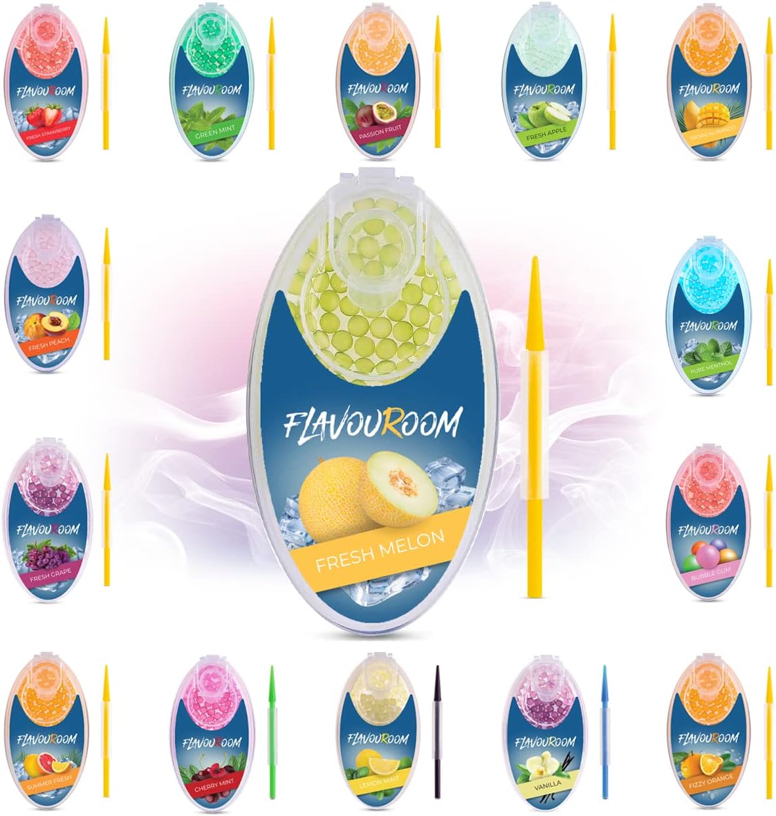 Flavouroom - Premium Aromakugeln 100er Set | DIY Aroma Kapseln Filter für unvergesslichen Flavour Geschmack | inkl. Box zur Aufbewahrung der aromatischen Click Hülsen Kugeln (Fresh Melon)