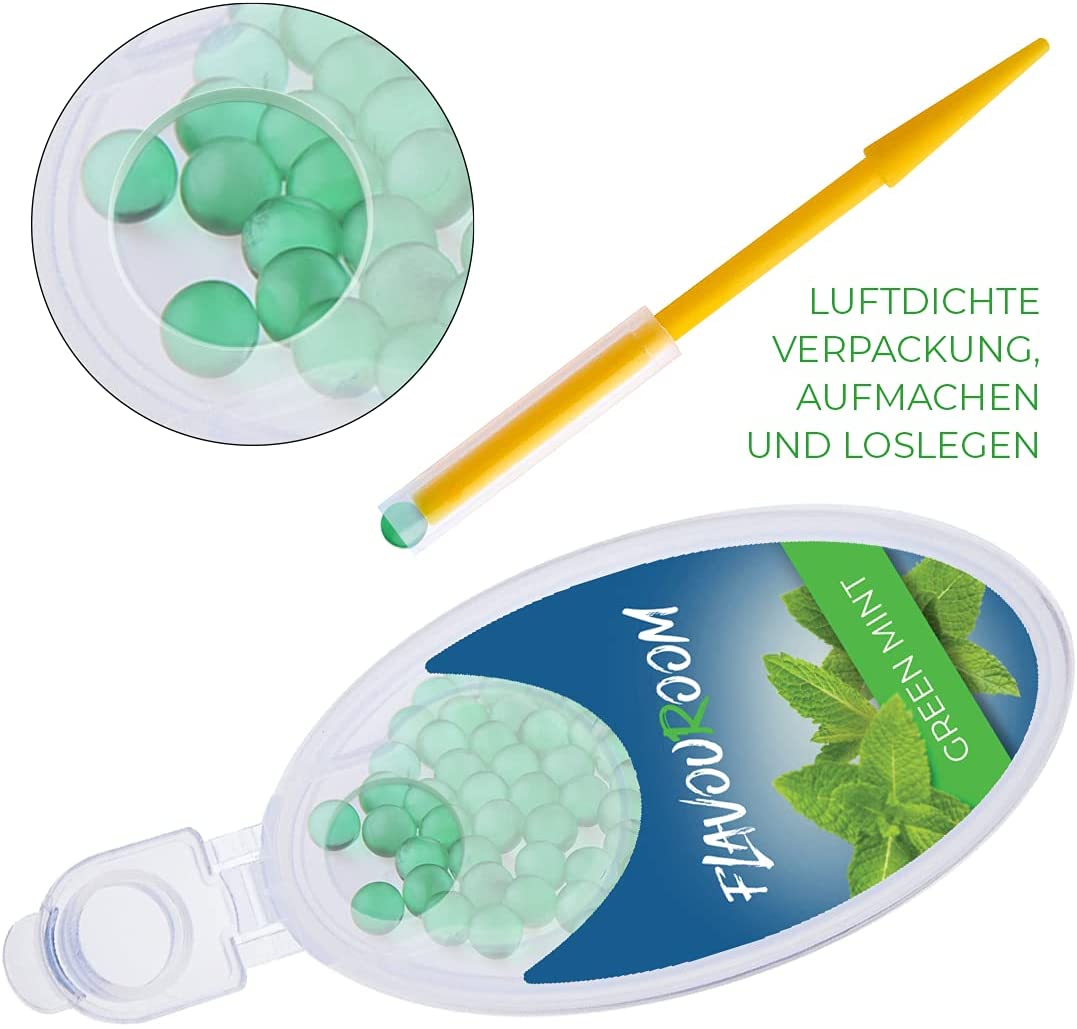 Flavouroom - Premium Aromakugeln 100er Set | DIY Aroma Kapseln Filter für unvergesslichen Flavour Geschmack | inkl. Box zur Aufbewahrung der aromatischen Click Hülsen Kugeln (Green Mint)
