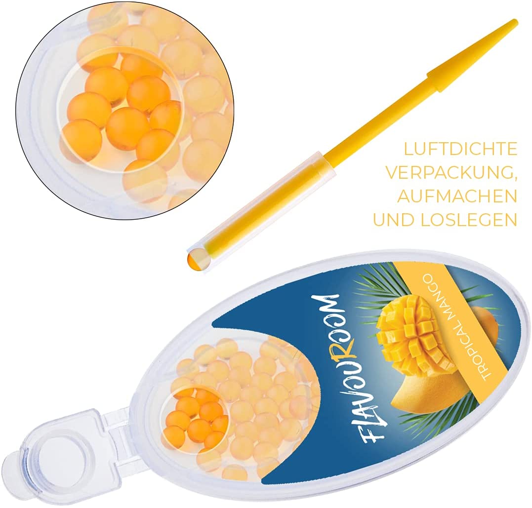 Flavouroom - Premium Aromakugeln 100er Set | DIY Aroma Kapseln Filter für unvergesslichen Flavour Geschmack | inkl. Box zur Aufbewahrung der aromatischen Click Hülsen Kugeln (Tropical Mango)
