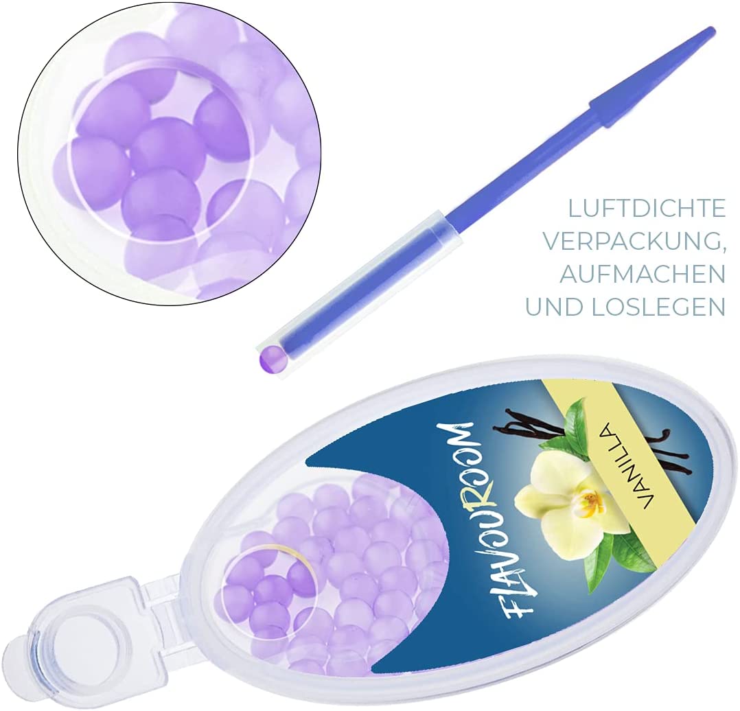 Flavouroom - Premium Aromakugeln 100er Set | DIY Aroma Kapseln Filter für unvergesslichen Flavour Geschmack | inkl. Box zur Aufbewahrung der aromatischen Click Hülsen Kugeln (Vanilla)