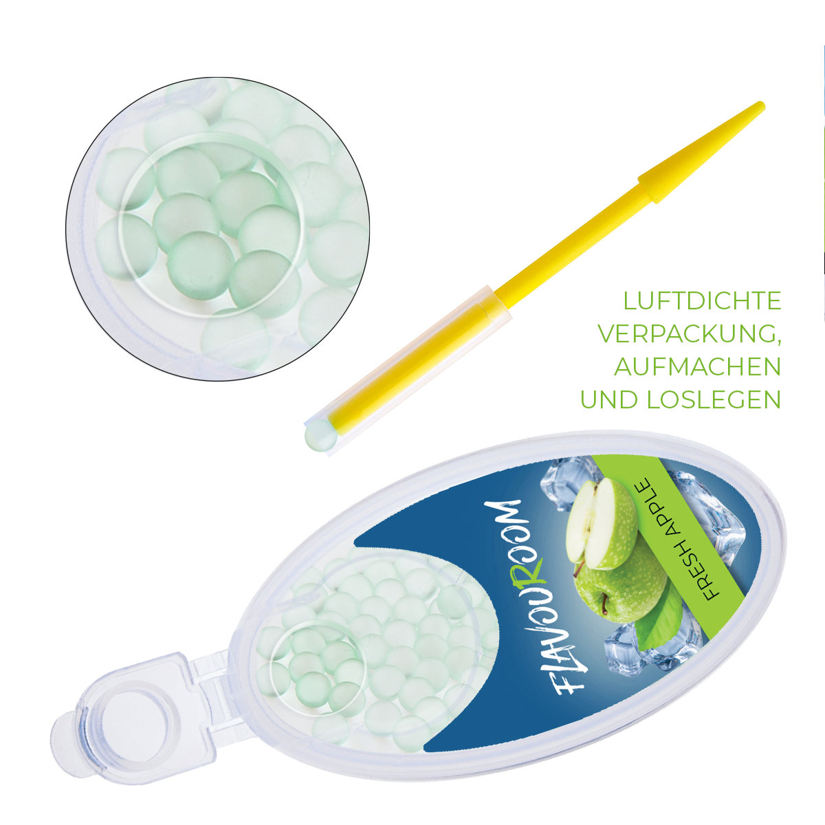 Flavouroom - Premium Aromakugeln 100er Set | DIY Aroma Kapseln Filter für unvergesslichen Flavour Geschmack | inkl. Box zur Aufbewahrung der aromatischen Click Hülsen Kugeln (Fresh Apple)