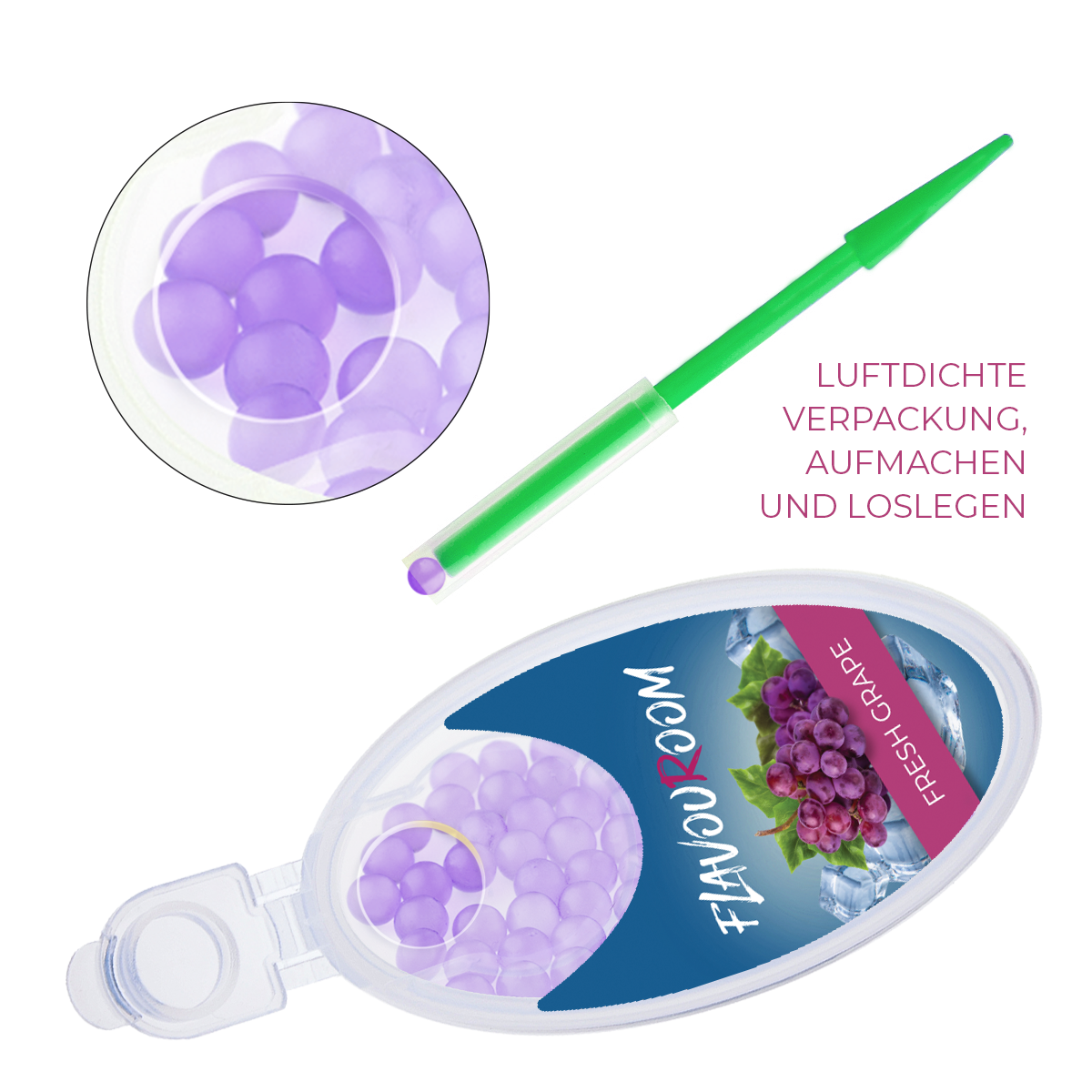 Flavouroom - Premium Aromakugeln 100er Set | DIY Aroma Kapseln Filter für unvergesslichen Flavour Geschmack | inkl. Box zur Aufbewahrung der aromatischen Click Hülsen Kugeln (Fresh Grape)