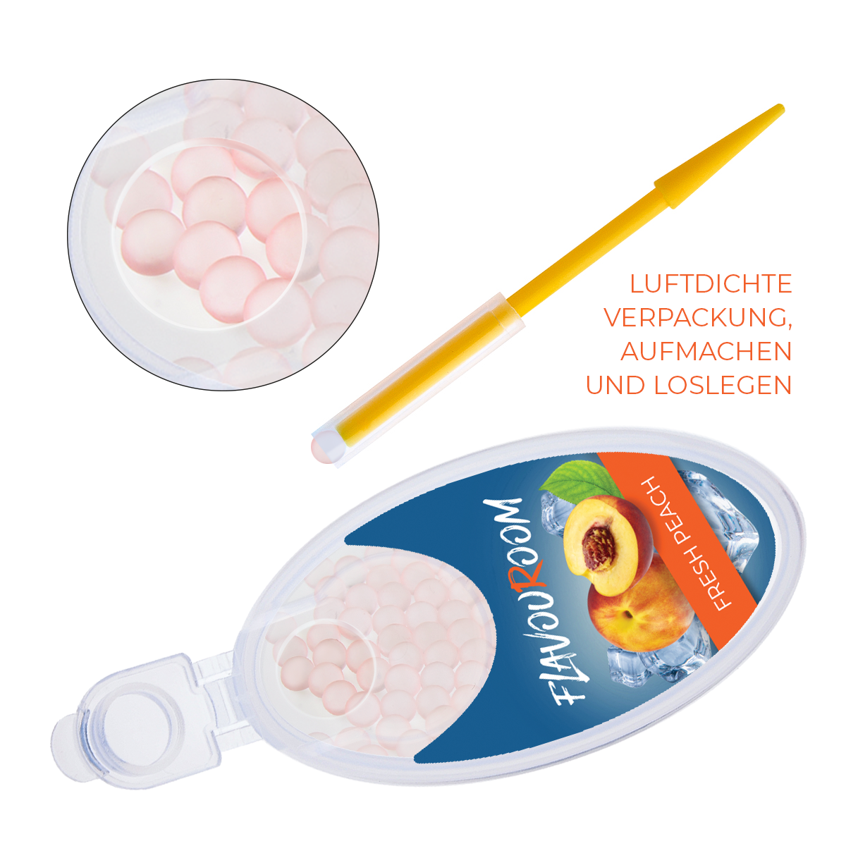 Flavouroom - Premium Aromakugeln 100er Set | DIY Aroma Kapseln Filter für unvergesslichen Flavour Geschmack | inkl. Box zur Aufbewahrung der aromatischen Click Hülsen Kugeln (Fresh Peach)