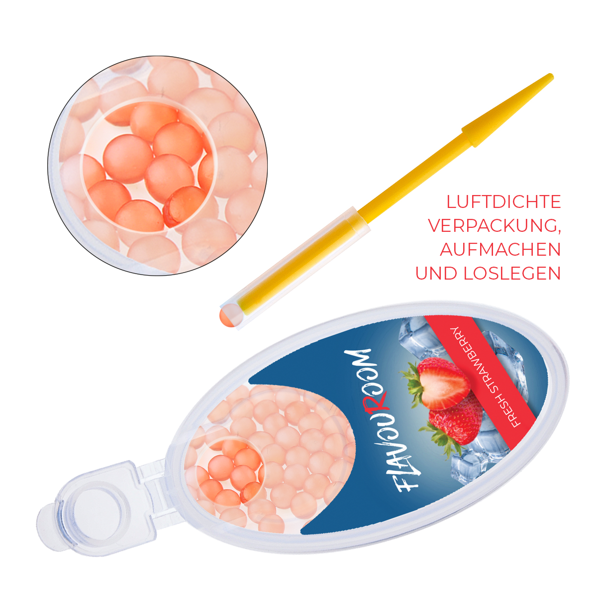 Flavouroom - Premium Aromakugeln 100er Set | DIY Aroma Kapseln Filter für unvergesslichen Flavour Geschmack | inkl. Box zur Aufbewahrung der aromatischen Click Hülsen Kugeln (Fresh Strawberry)