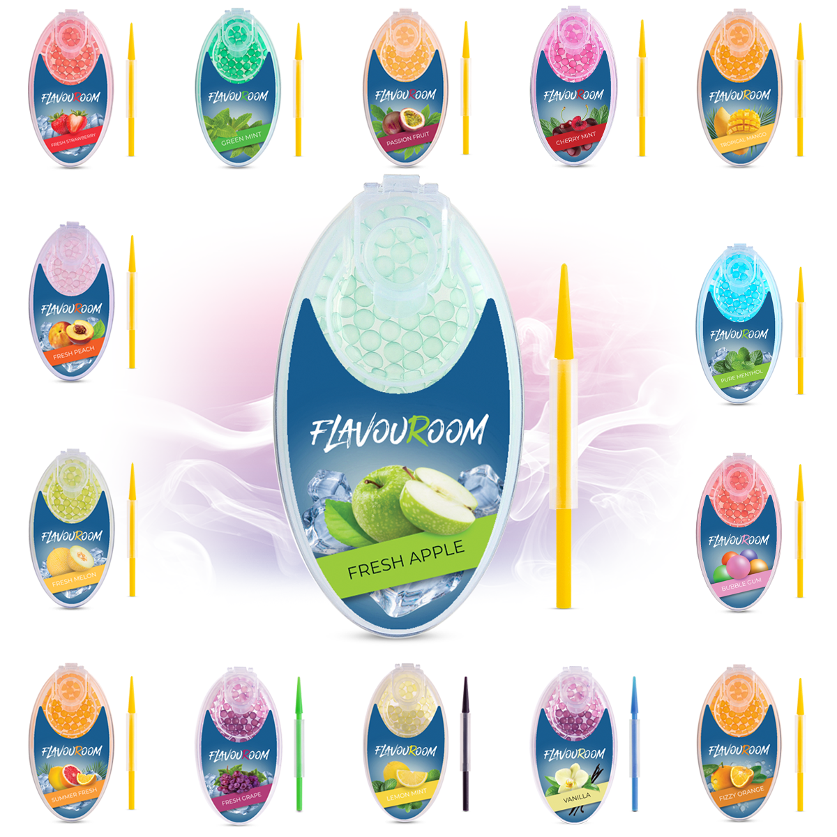 Flavouroom - Premium Aromakugeln 100er Set | DIY Aroma Kapseln Filter für unvergesslichen Flavour Geschmack | inkl. Box zur Aufbewahrung der aromatischen Click Hülsen Kugeln (Fresh Apple)