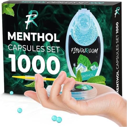 Flavouroom - Premium Menthol Kapseln 1000er Set | DIY Menthol Filter für unvergesslichen Flavour Geschmack | inkl. Box zur Aufbewahrung der aromatischen Click Hülsen Kugeln