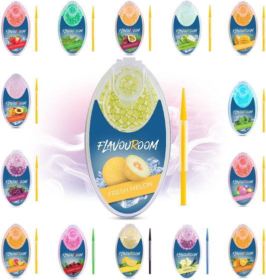 Flavouroom - Premium Aromakugeln 100er Set | DIY Aroma Kapseln Filter für unvergesslichen Flavour Geschmack | inkl. Box zur Aufbewahrung der aromatischen Click Hülsen Kugeln (Fresh Melon)