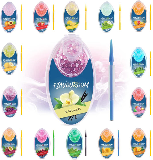 Flavouroom - Premium Aromakugeln 100er Set | DIY Aroma Kapseln Filter für unvergesslichen Flavour Geschmack | inkl. Box zur Aufbewahrung der aromatischen Click Hülsen Kugeln (Vanilla)