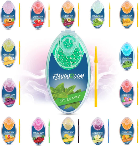 Flavouroom - Premium Aromakugeln 100er Set | DIY Aroma Kapseln Filter für unvergesslichen Flavour Geschmack | inkl. Box zur Aufbewahrung der aromatischen Click Hülsen Kugeln (Green Mint)