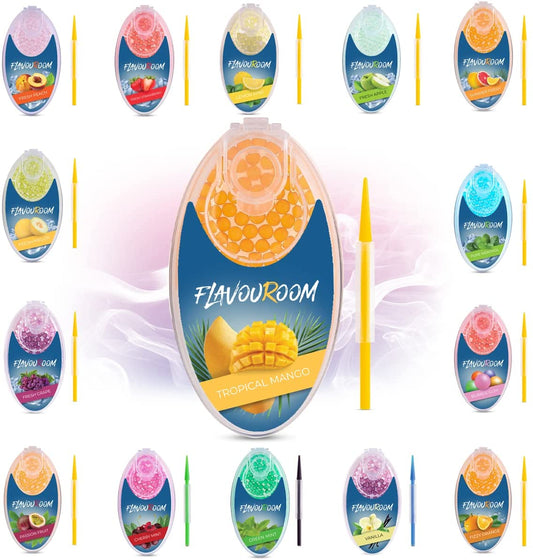 Flavouroom - Premium Aromakugeln 100er Set | DIY Aroma Kapseln Filter für unvergesslichen Flavour Geschmack | inkl. Box zur Aufbewahrung der aromatischen Click Hülsen Kugeln (Tropical Mango)