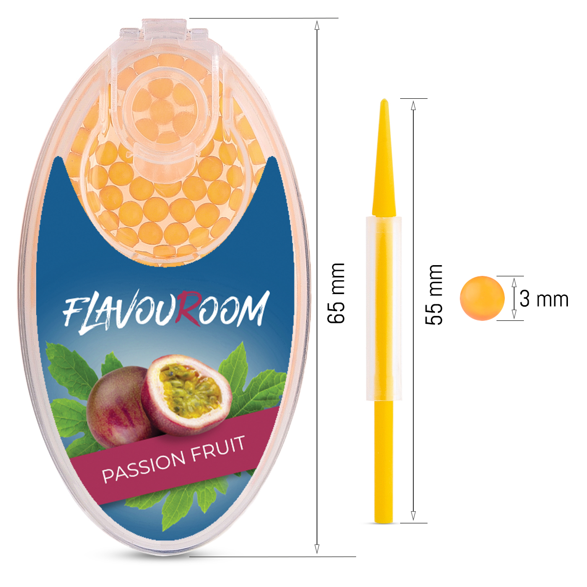 Flavouroom - Premium Aromakugeln 100er Set | DIY Aroma Kapseln Filter für unvergesslichen Flavour Geschmack | inkl. Box zur Aufbewahrung der aromatischen Click Hülsen Kugeln (Passion Fruit)