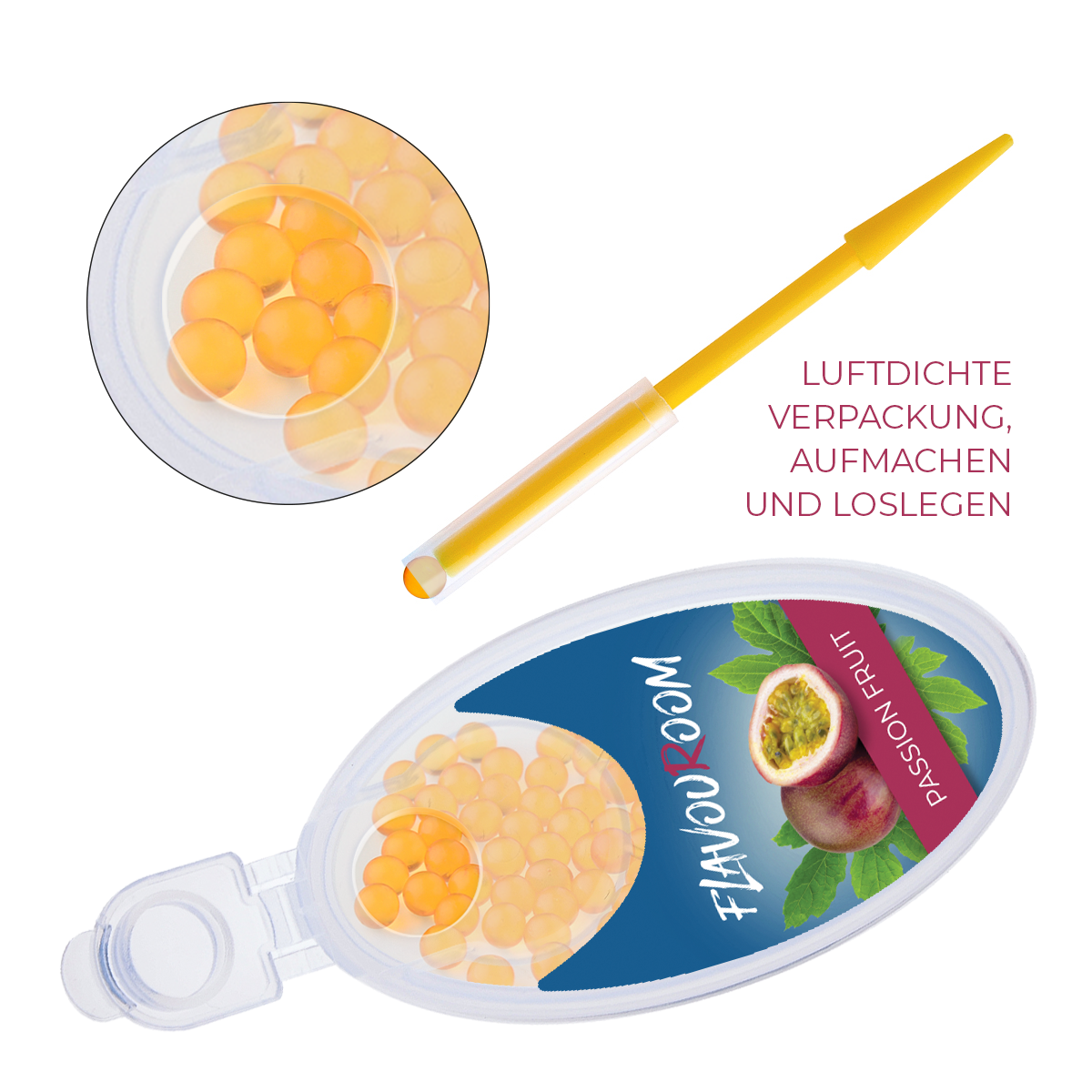 Flavouroom - Premium Aromakugeln 100er Set | DIY Aroma Kapseln Filter für unvergesslichen Flavour Geschmack | inkl. Box zur Aufbewahrung der aromatischen Click Hülsen Kugeln (Passion Fruit)
