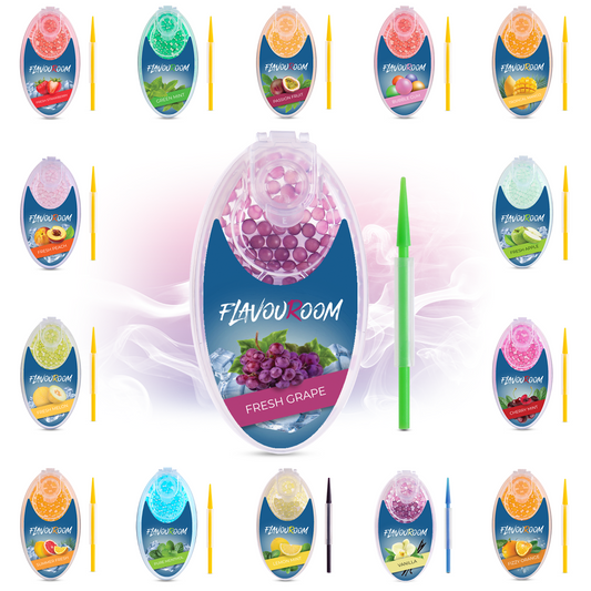 Flavouroom - Premium Aromakugeln 100er Set | DIY Aroma Kapseln Filter für unvergesslichen Flavour Geschmack | inkl. Box zur Aufbewahrung der aromatischen Click Hülsen Kugeln (Fresh Grape)