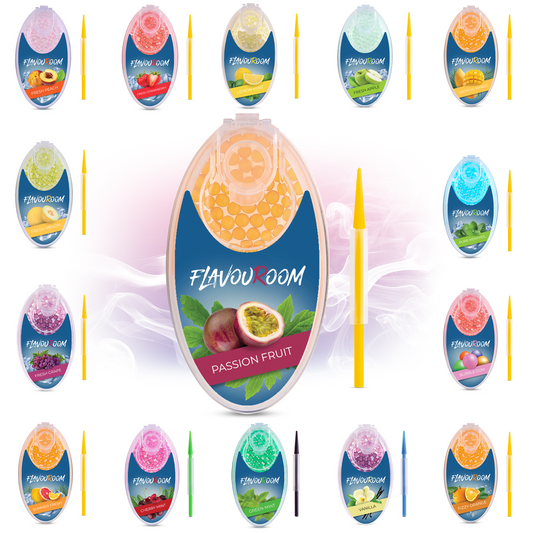 Flavouroom - Premium Aromakugeln 100er Set | DIY Aroma Kapseln Filter für unvergesslichen Flavour Geschmack | inkl. Box zur Aufbewahrung der aromatischen Click Hülsen Kugeln (Passion Fruit)