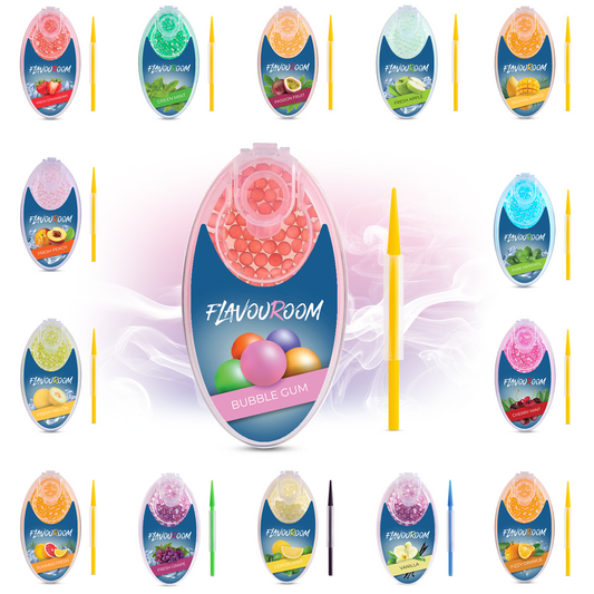 Flavouroom - Premium Aromakugeln 100er Set | DIY Aroma Kapseln Filter für unvergesslichen Flavour Geschmack | inkl. Box zur Aufbewahrung der aromatischen Click Hülsen Kugeln (Bubble Gum)
