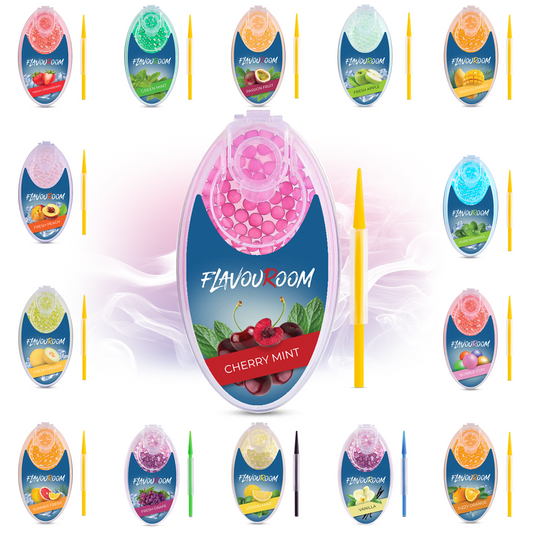 Flavouroom - Premium Aromakugeln 100er Set | DIY Aroma Kapseln Filter für unvergesslichen Flavour Geschmack | inkl. Box zur Aufbewahrung der aromatischen Click Hülsen Kugeln (Cherry Mint)