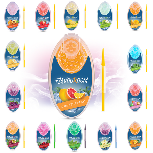 Flavouroom - Premium Aromakugeln 100er Set | DIY Aroma Kapseln Filter für unvergesslichen Flavour Geschmack | inkl. Box zur Aufbewahrung der aromatischen Click Hülsen Kugeln (Summer Fresh)