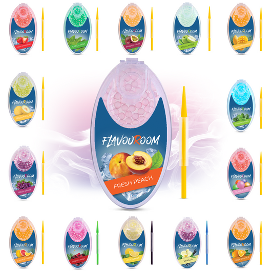 Flavouroom - Premium Aromakugeln 100er Set | DIY Aroma Kapseln Filter für unvergesslichen Flavour Geschmack | inkl. Box zur Aufbewahrung der aromatischen Click Hülsen Kugeln (Fresh Peach)