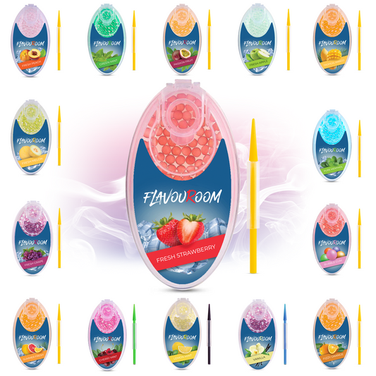 Flavouroom - Premium Aromakugeln 100er Set | DIY Aroma Kapseln Filter für unvergesslichen Flavour Geschmack | inkl. Box zur Aufbewahrung der aromatischen Click Hülsen Kugeln (Fresh Strawberry)